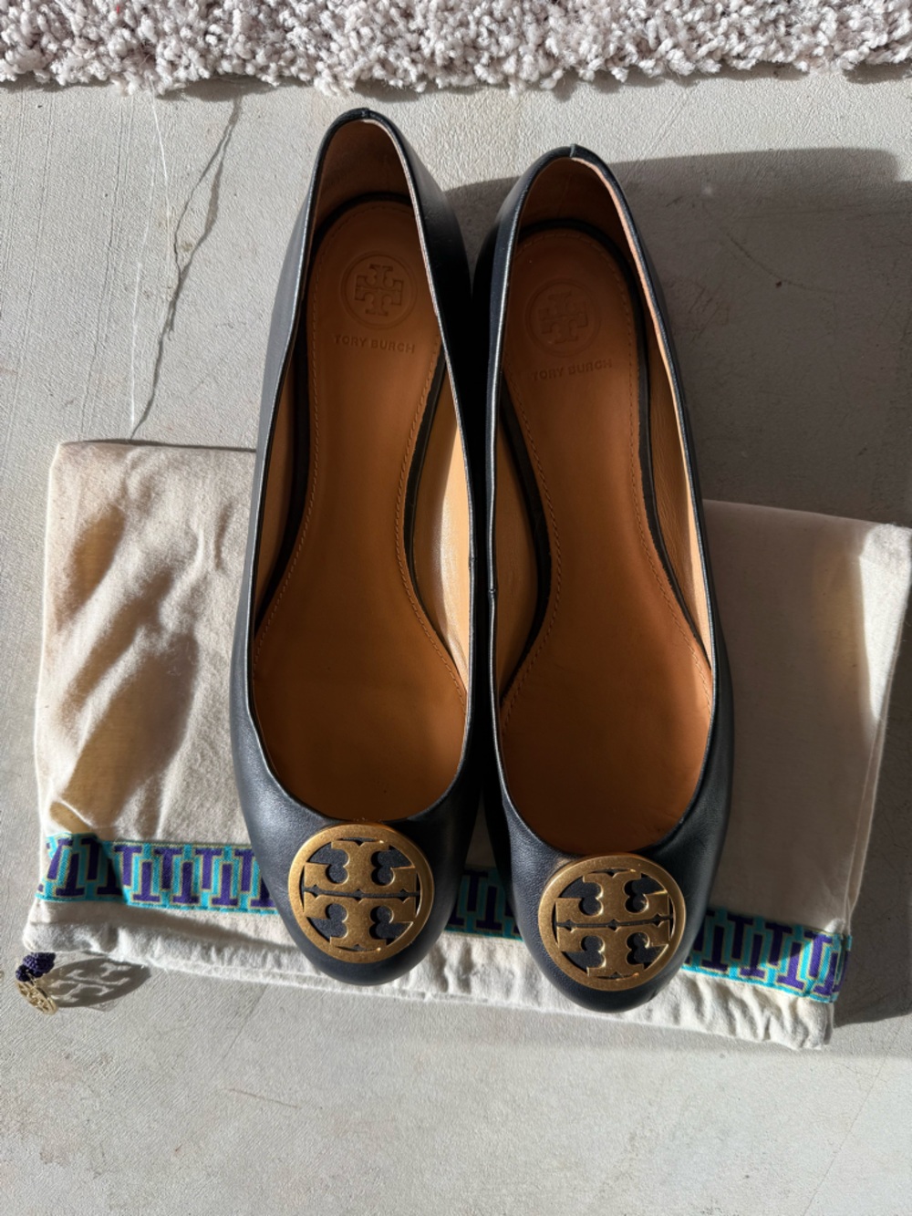 Tory Burch Black Leather Ballet Flats with Gold Logo